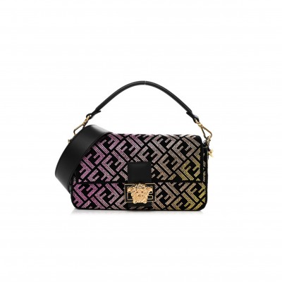FENDI X VERSACE MAMMA BUCKET LEATHER X RHINESTONE SHOULDER BAG BLACK  (27*15*6cm)